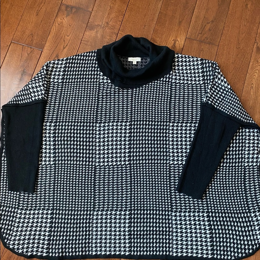 Laura Petites poncho with contrasting black sleeves and cowl neck.